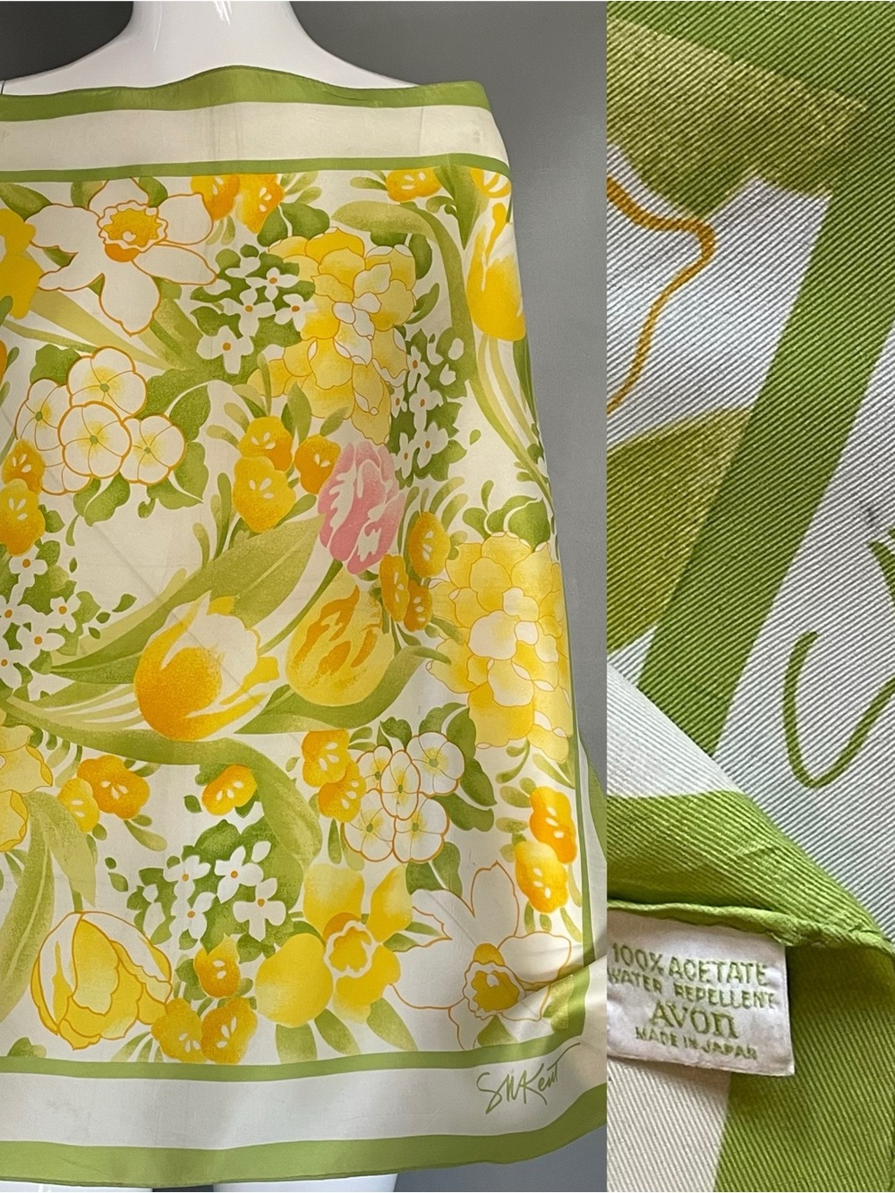 Vintage 70s Scarf Green Yellow Floral Print Avon 23 In Sq Fair Condition